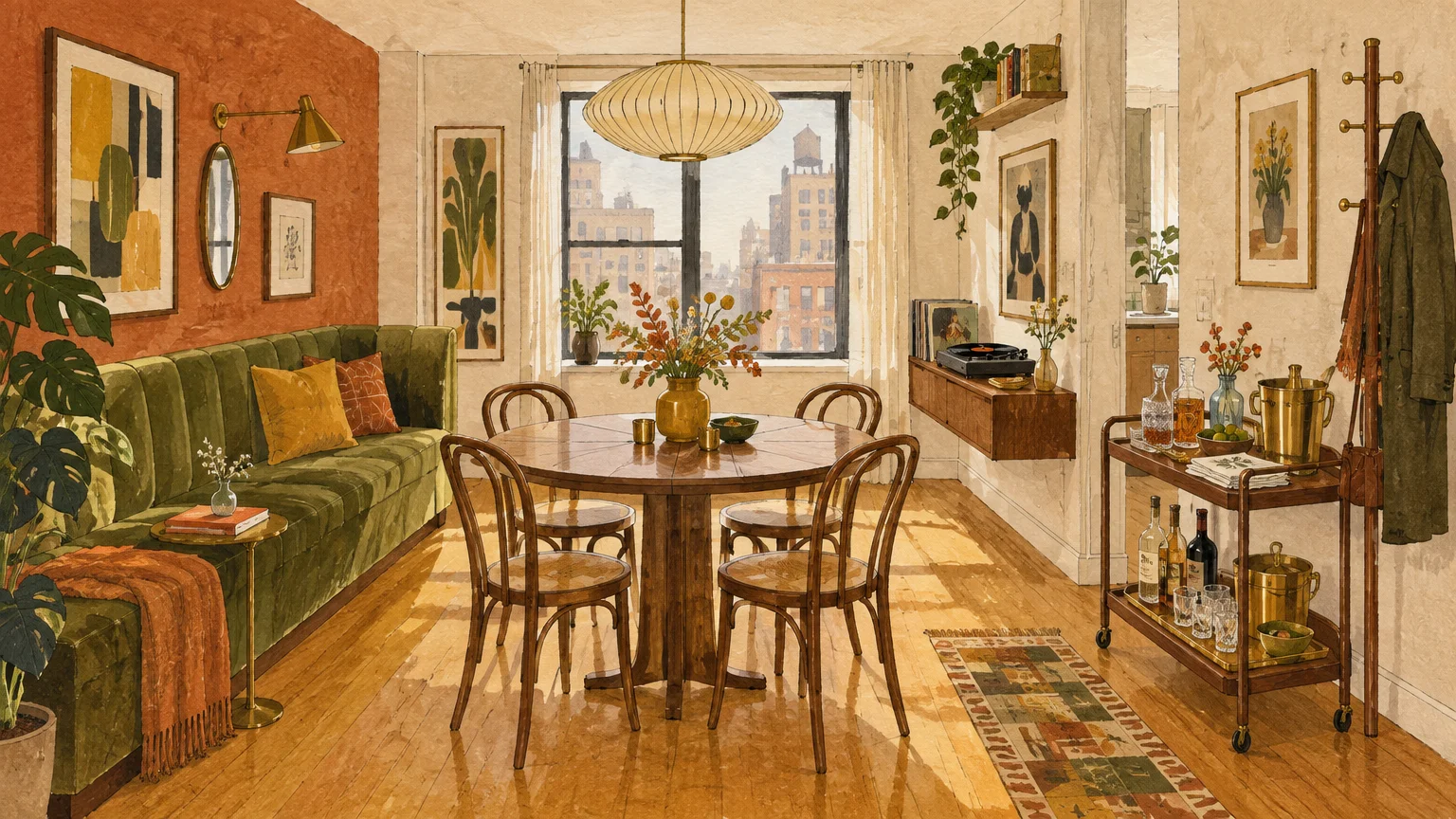 Illustration of an apartment dining space with a round wood table, green banquette sofa, bar cart, and city window view.