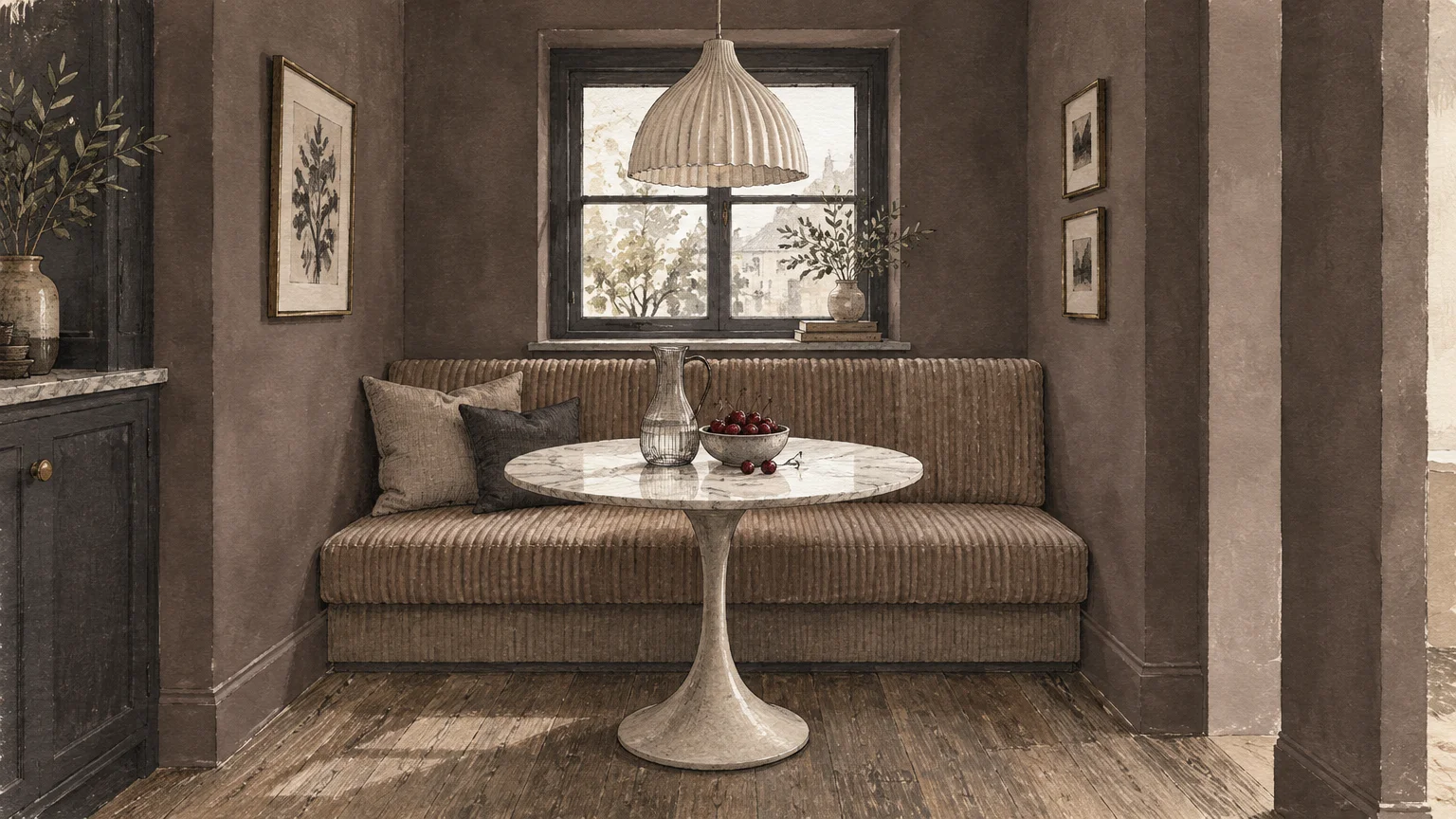 Gouache illustration of a dining nook with taupe walls, corduroy banquette, round marble table, and fluted pendant lamp.