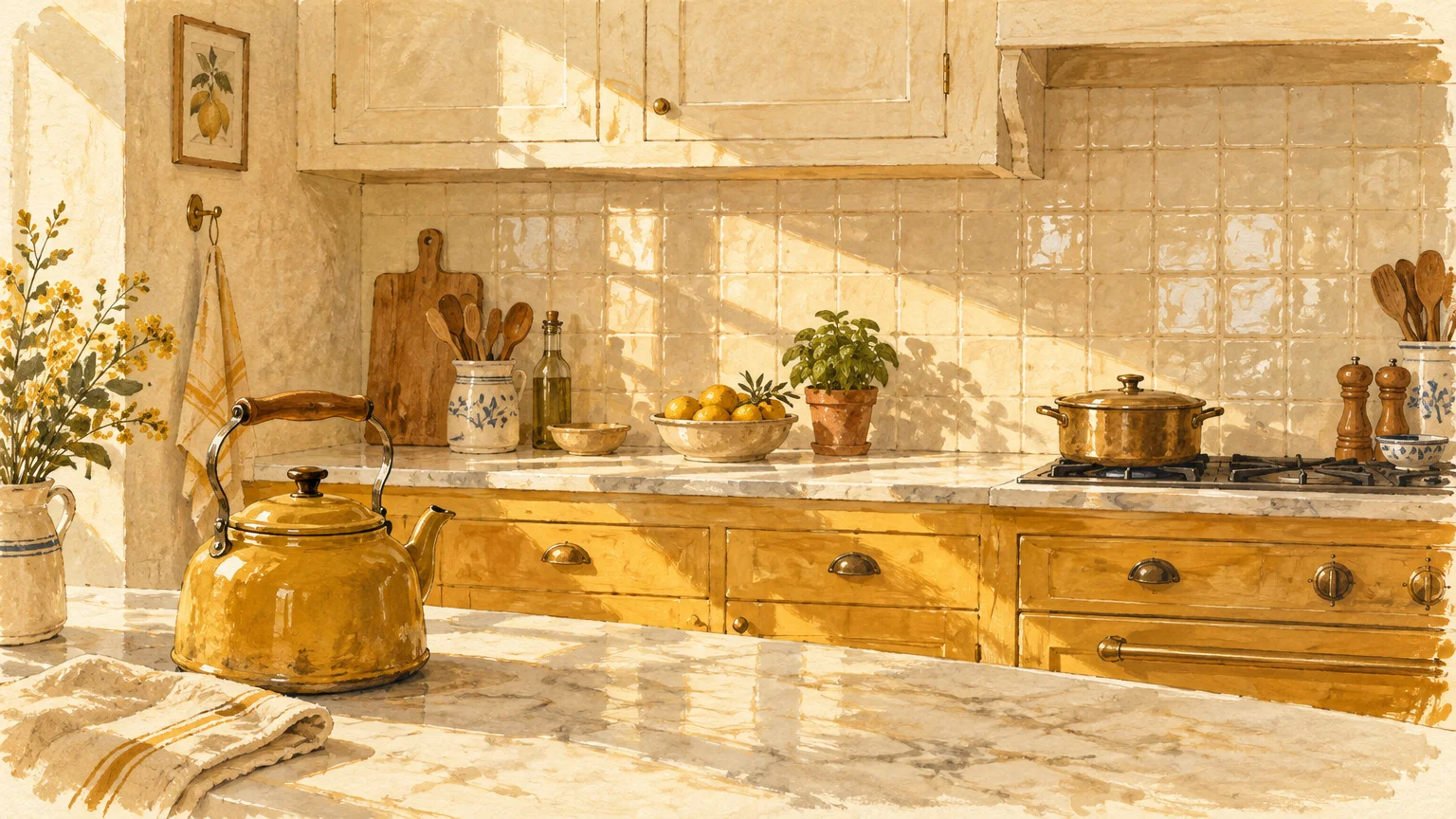 Watercolor illustration of a sunny kitchen featuring ochre lower cabinets, cream tiled backsplash, and a yellow kettle.