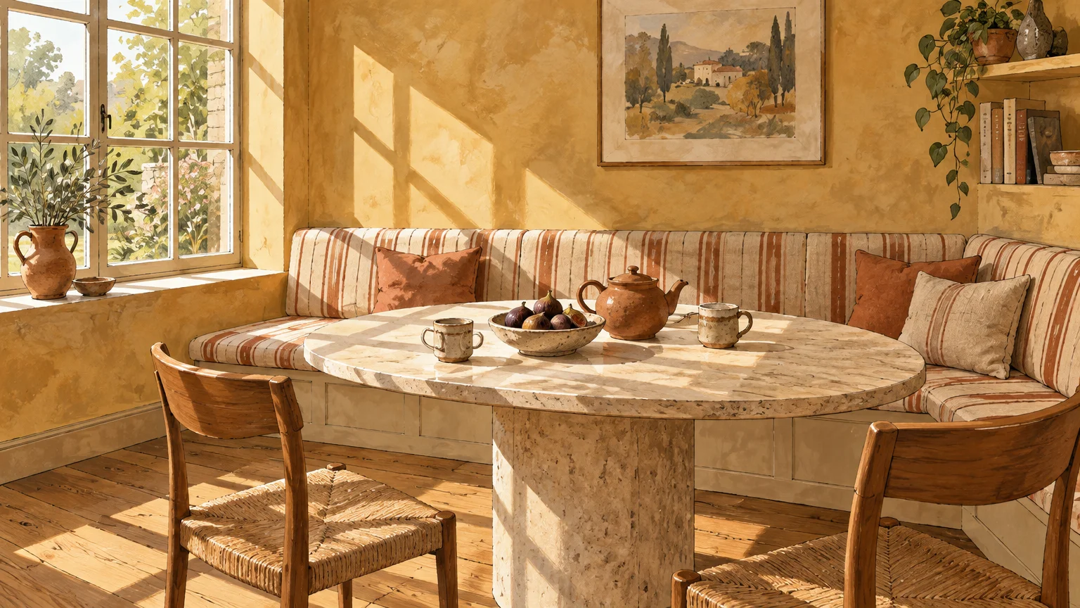 Sunlit dining nook with warm yellow textured plaster walls, built-in banquet seating, and an oval stone table.