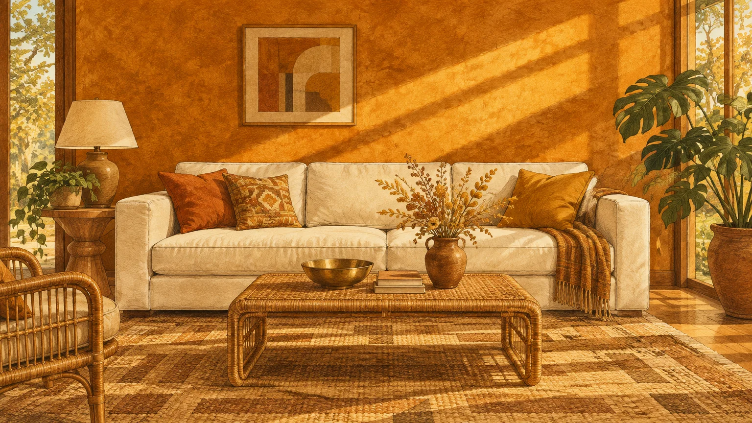 Illustration of a living room with warm ochre textured walls, a cream sofa, wicker coffee table, and sunlight streaming in.