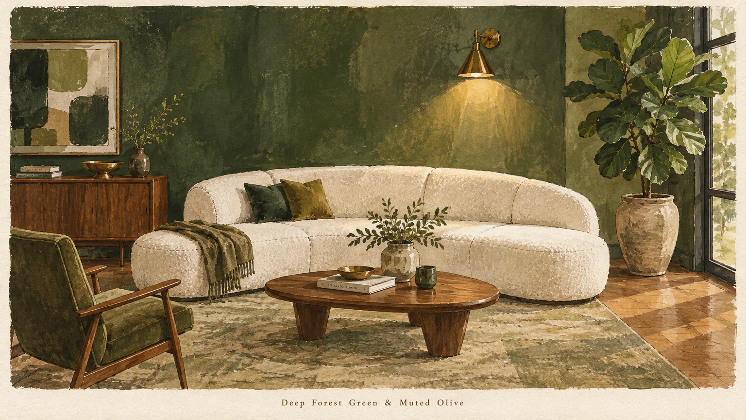 Watercolor illustration of a curved cream bouclé sofa against textured dark olive walls with a wooden coffee table.
