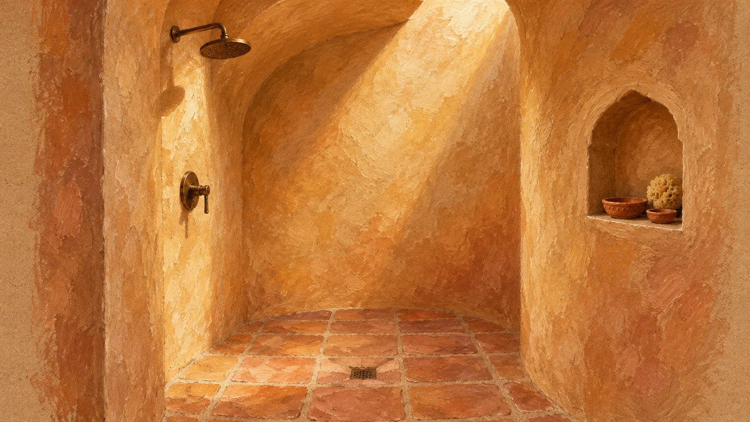 Gouache illustration of an arched plaster shower nook with terracotta floor tiles, brass fixtures, and a wall alcove.