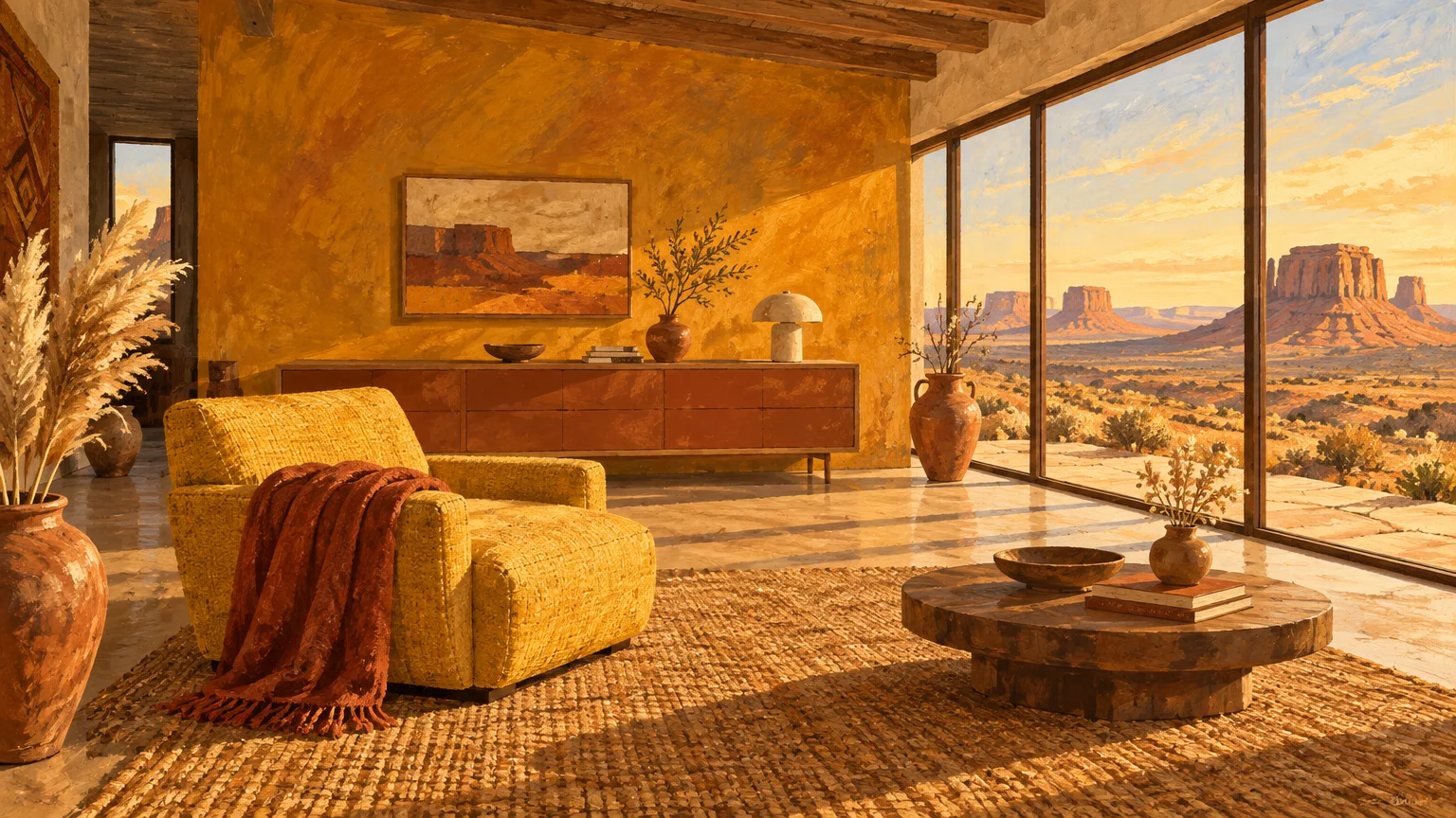 Gouache painting of a warm ochre living room with a yellow armchair, terracotta jars, and floor-to-ceiling desert mesa views.
