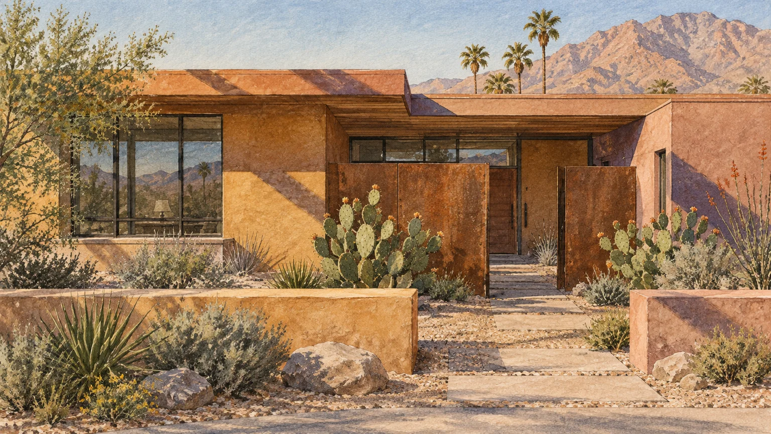 Illustration of a modern desert ranch home with ochre and terracotta walls, cacti, and distant mountains.