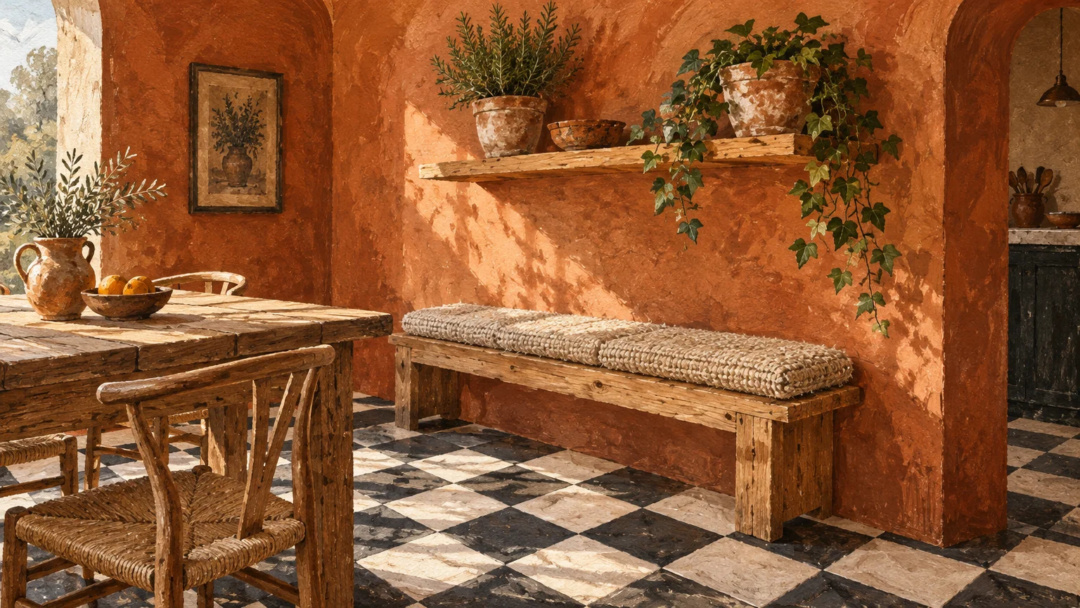 Rustic dining space with textured terracotta walls, wooden furniture, and a black and white checkerboard tile floor.