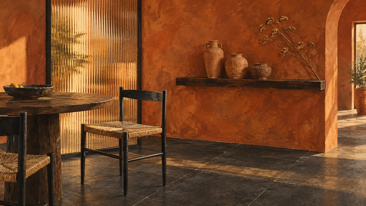 Dining room with textured terracotta walls, dark stone tile floor, rustic wood table with woven chairs, and clay pottery.