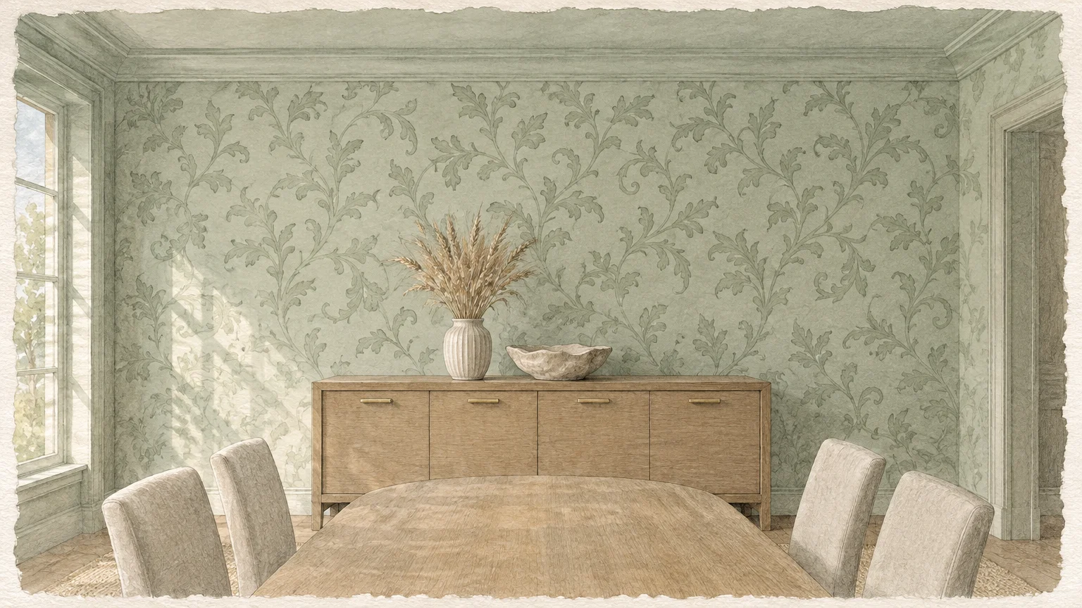 Gouache illustration of a dining room with sage floral wallpaper, a wood sideboard, and a long dining table.