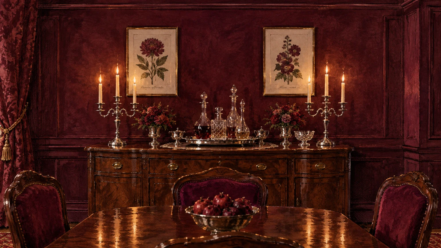 Illustration of a formal dining room with vintage burgundy walls, a polished wooden buffet, decanters, and candelabras.
