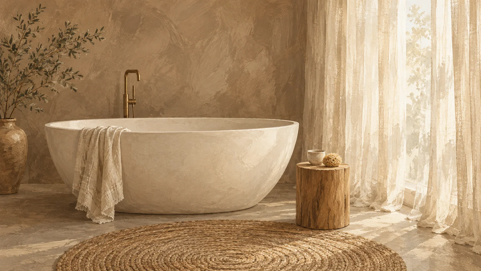 Gouache illustration of a stone soaking tub beside sheer curtains, textured taupe walls, and a round jute rug.