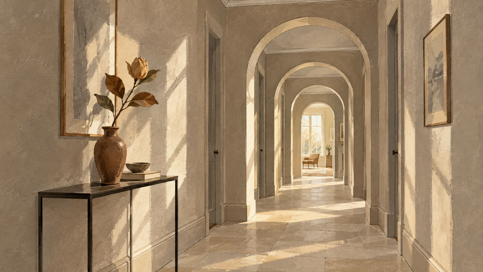 Gouache painting of an arched hallway lined with framed art and a console table under warm, angled sunlight.