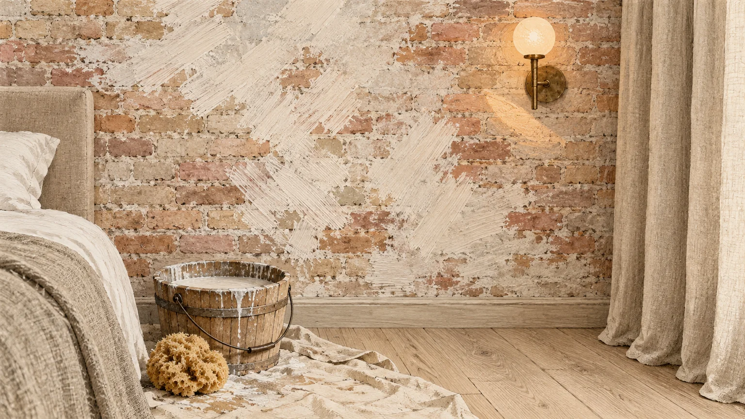 Wooden bucket of limewash and a sea sponge on a drop cloth before a partially whitewashed brick wall in a bedroom.