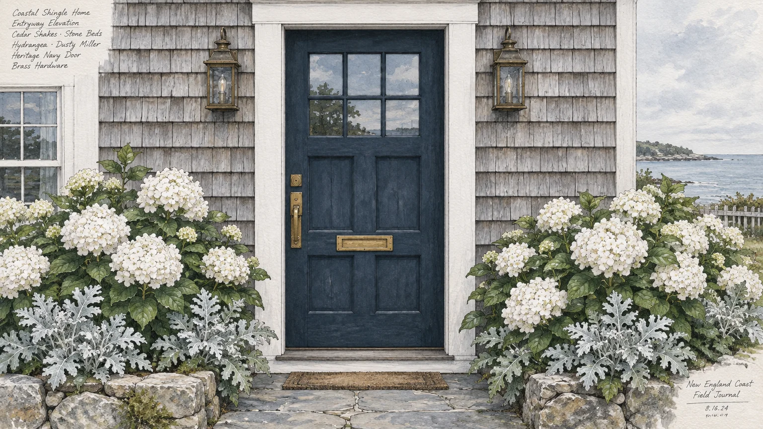Illustration of a navy front door on a cedar shingle coastal home flanked by blooming white hydrangeas.