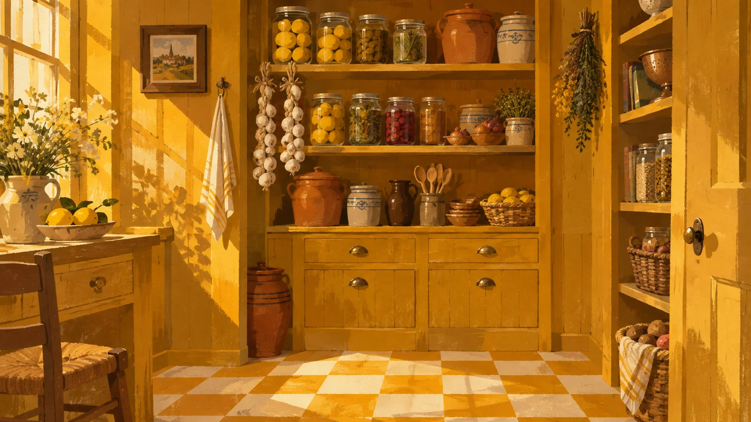 Gouache illustration of a rustic yellow kitchen pantry lined with shelves of jars, pottery, and checked floor tiles.