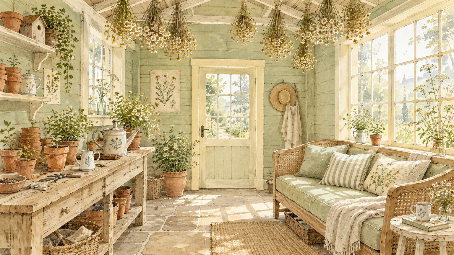 Gouache illustration of a light green potting shed filled with chamomile, plants, terracotta pots, and a daybed.