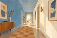 Gouache painting of a hallway with a blue left wall and ceiling, white right wall, checkerboard runner, and console table.