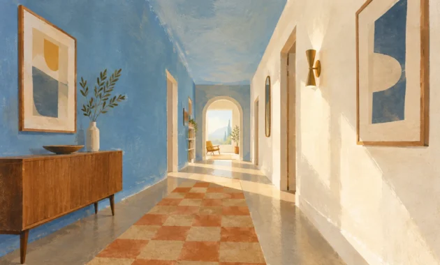Gouache painting of a hallway with a blue left wall and ceiling, white right wall, checkerboard runner, and console table.