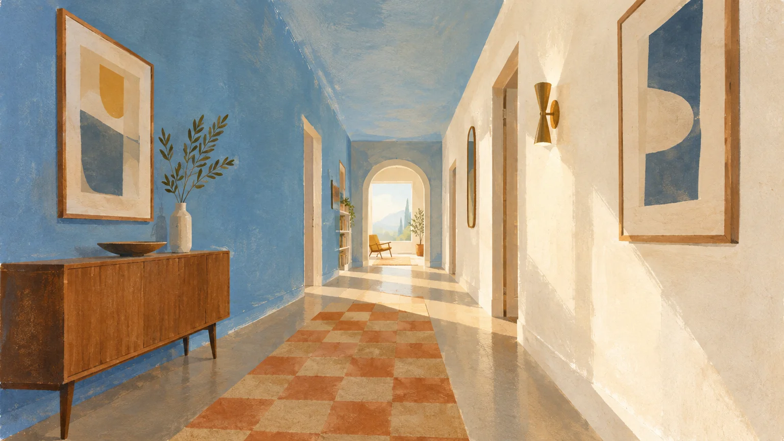 Gouache painting of a hallway with a blue left wall and ceiling, white right wall, checkerboard runner, and console table.