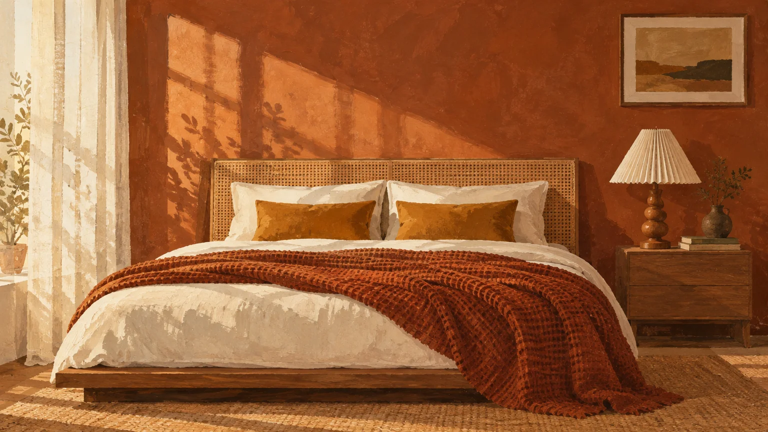 Sunlit bedroom with textured russet walls, a cane headboard, white bedding, a rust waffle blanket, and a bedside table.