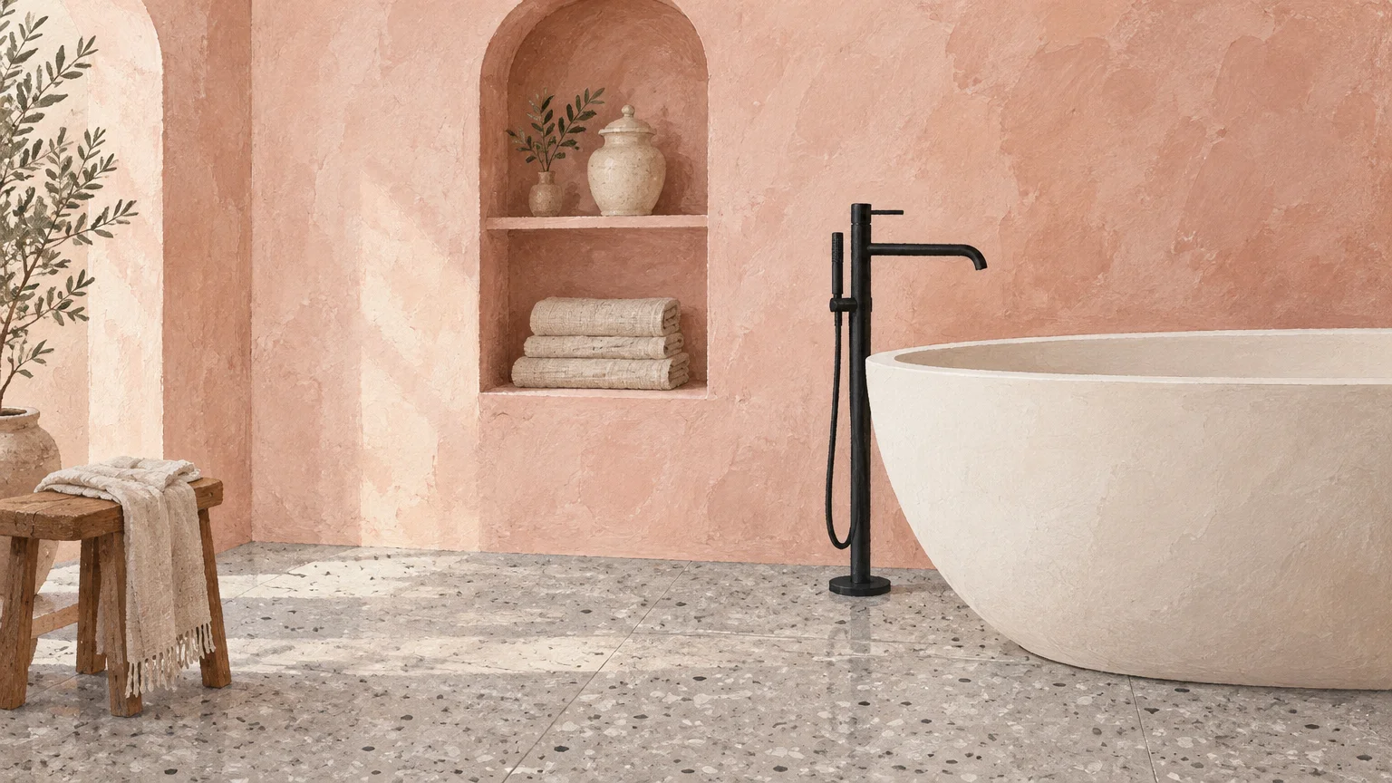 Freestanding stone tub and black faucet against textured pink plaster walls with an arched niche and terrazzo tile floor.