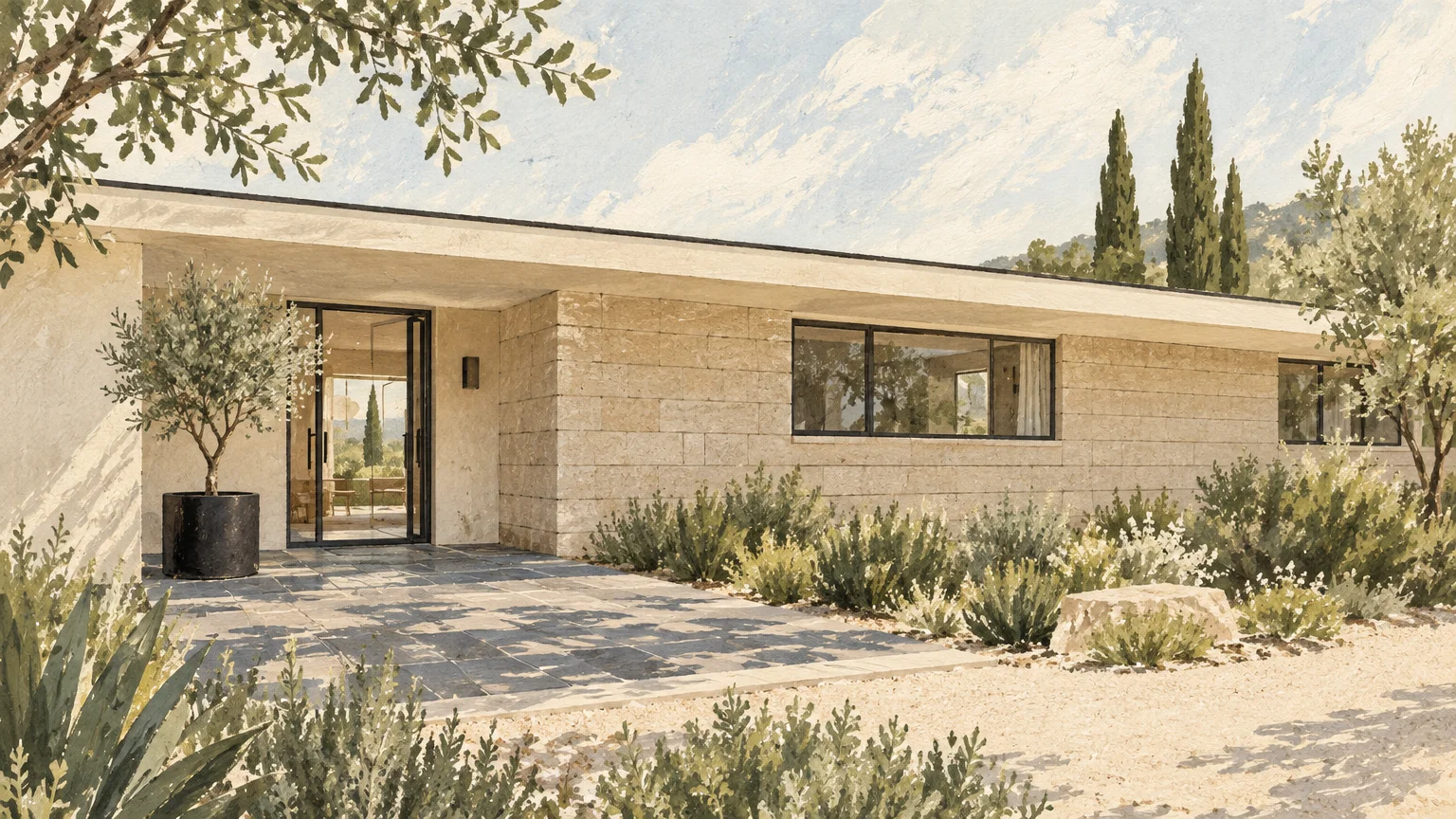 Illustration of a modern one-story ranch house with cream stone and plaster walls, black-framed windows, and desert landscaping.