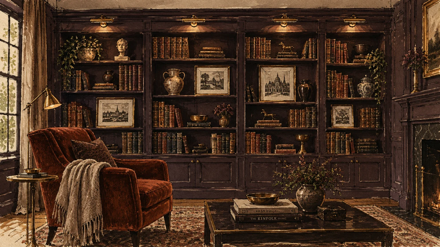 Illustration of a cozy library with dark built-in bookshelves, an armchair, fireplace, coffee table, and soft lighting.