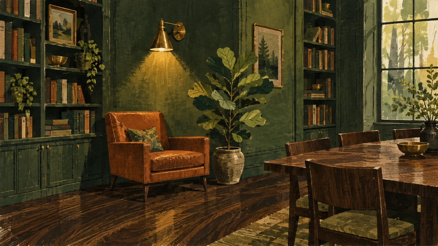 Illustration of a green library room with dark wood floors, built-in bookshelves, an armchair, and a dining table.