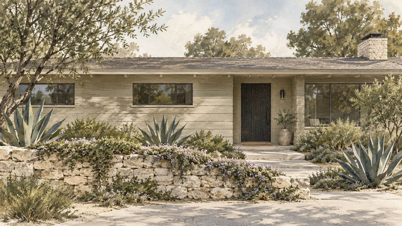 Illustration of a one-story ranch house with pale olive greige siding, stone retaining wall, and desert landscaping.