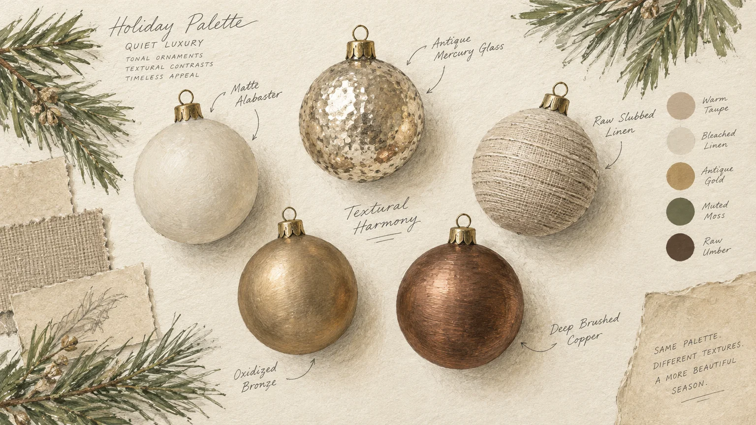 Five neutral holiday ornament baubles in varied textures displayed with pine sprigs and neutral color swatches.