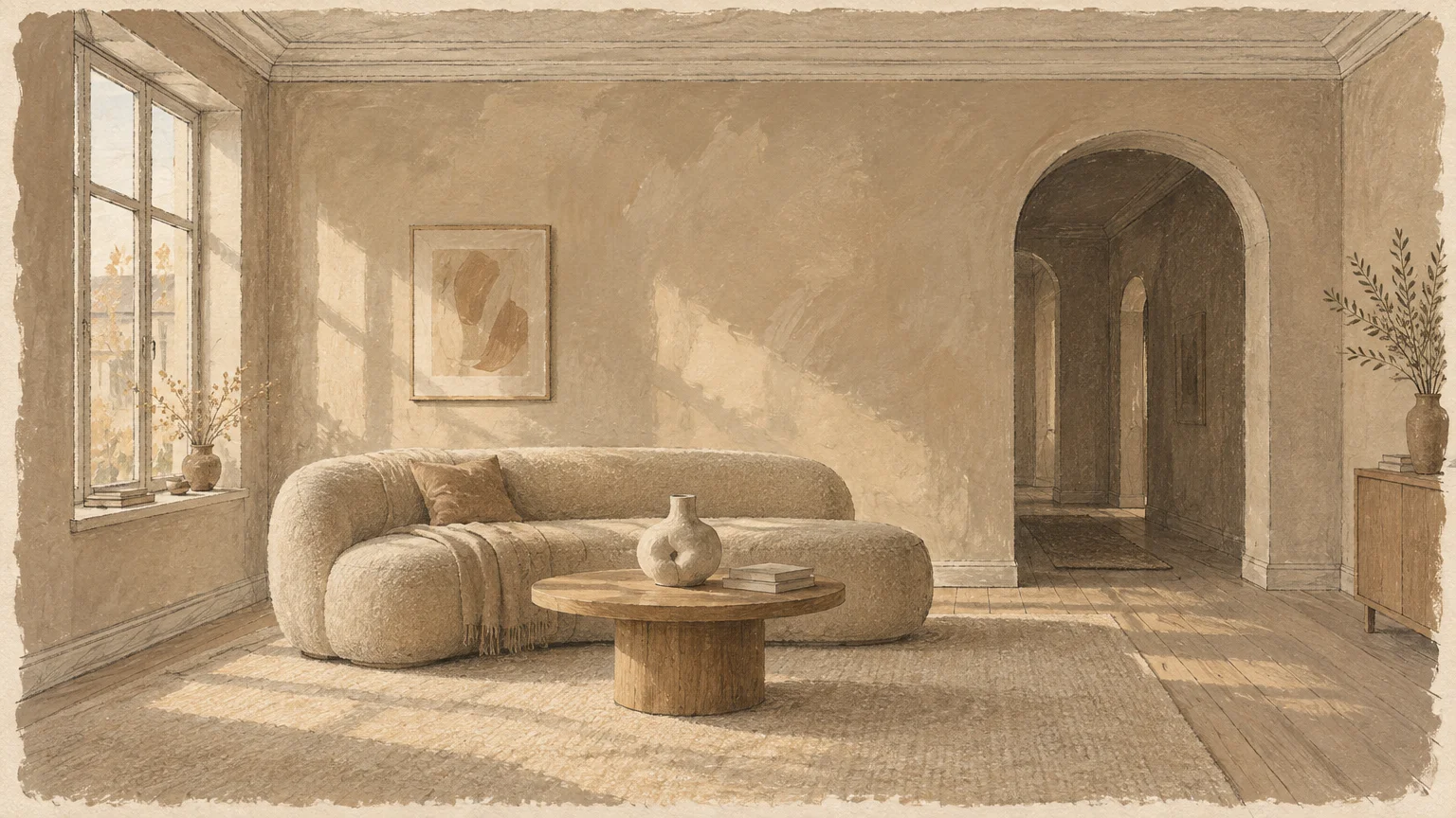 Illustration of a warm beige living room with a curved sofa, round coffee table, arched doorway, and afternoon sunlight.
