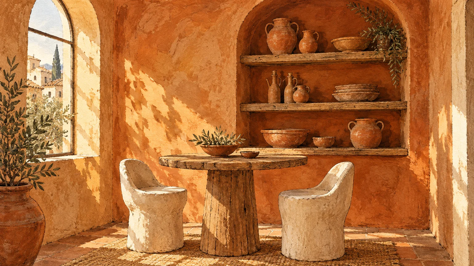 Gouache illustration of a terracotta dining nook with an arched alcove shelf, rustic round table, and stone chairs.