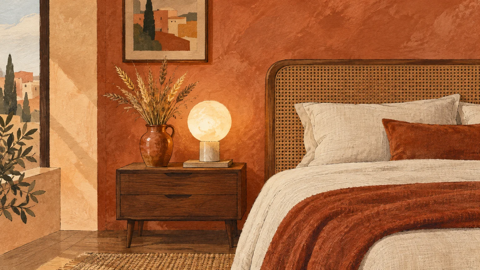 Illustration of a bedroom with terracotta textured walls, a woven cane headboard, wooden nightstand, and glowing globe lamp.