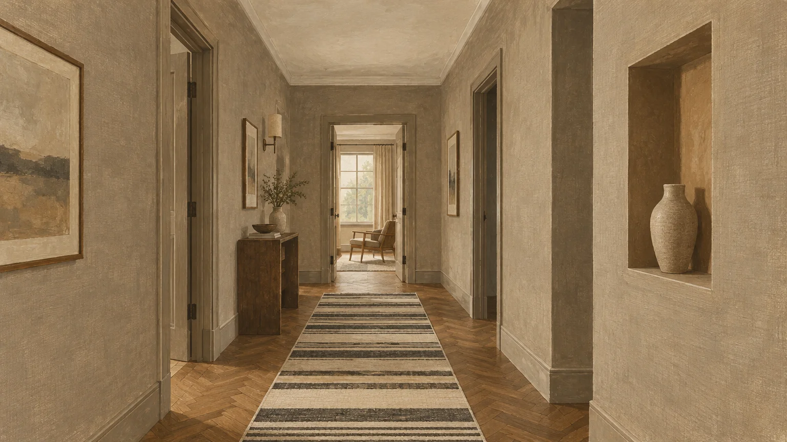 Gouache painting of a narrow hallway with textured taupe walls, herringbone wood floors, a striped runner, and wall niche.