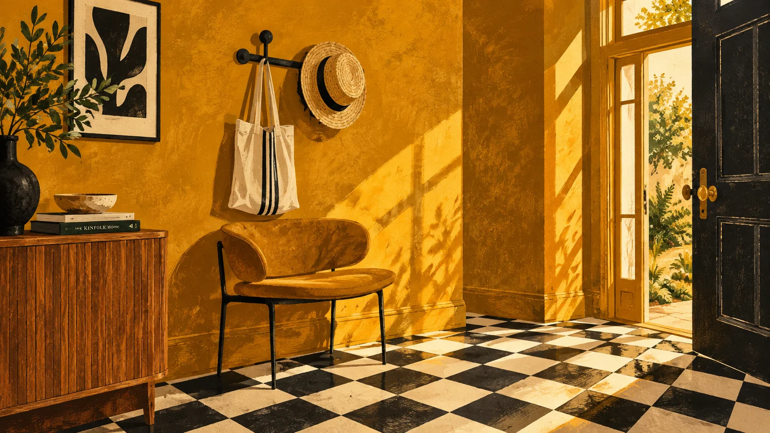 Illustration of a sunlit entryway with textured mustard yellow walls, a curved chair, and black-and-white checkered tile.