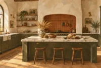 Gouache painting of a warm kitchen with olive green cabinets, marble island with wooden stools, and terracotta tile alcove.