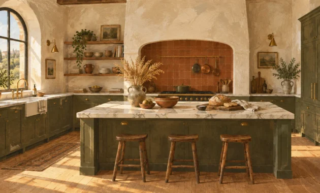 Gouache painting of a warm kitchen with olive green cabinets, marble island with wooden stools, and terracotta tile alcove.
