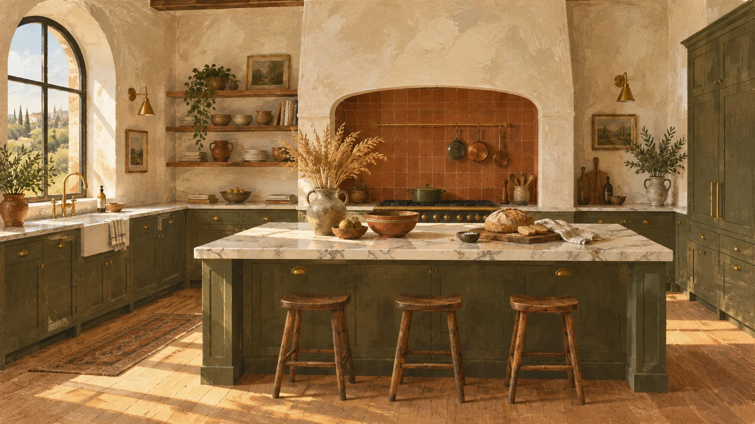 Gouache painting of a warm kitchen with olive green cabinets, marble island with wooden stools, and terracotta tile alcove.