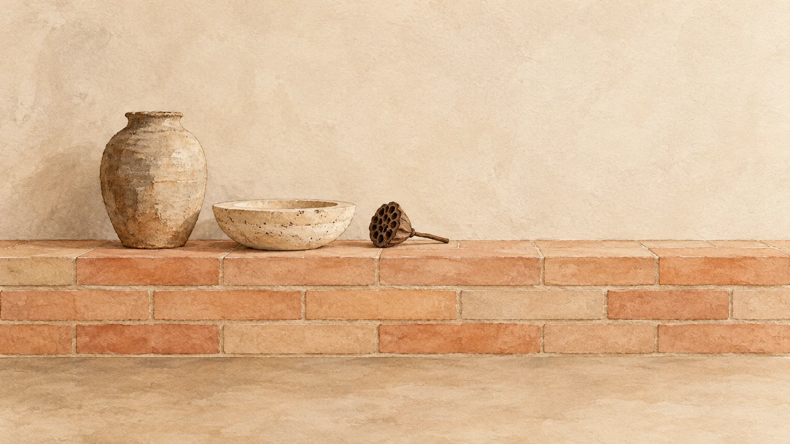 Illustration of a terracotta brick ledge supporting an aged clay vase, stone bowl, and dried lotus pod against a plaster wall.
