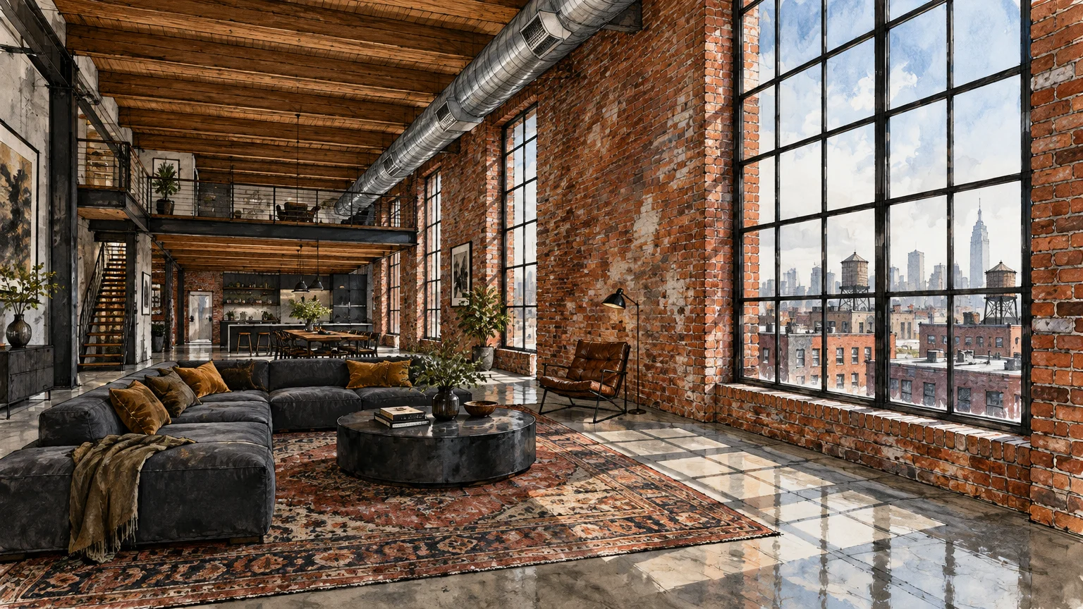 Illustration of a spacious industrial loft with exposed brick walls, huge factory windows, steel beams, and a sectional sofa.