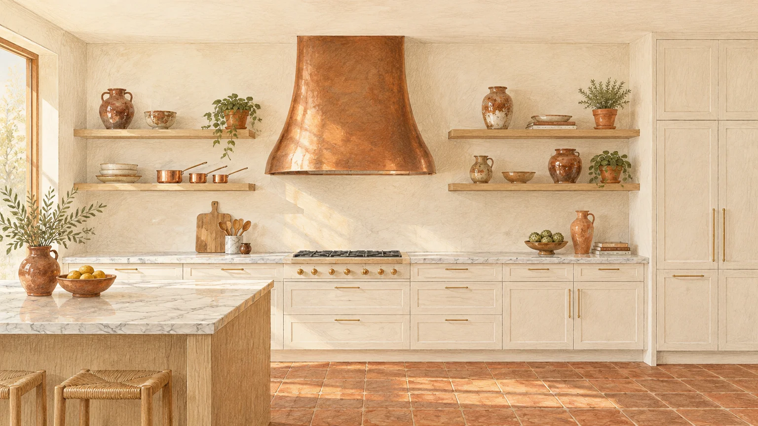 Illustration of a kitchen featuring cream-colored cabinets, terracotta floor tiles, open shelving, and a large copper hood.