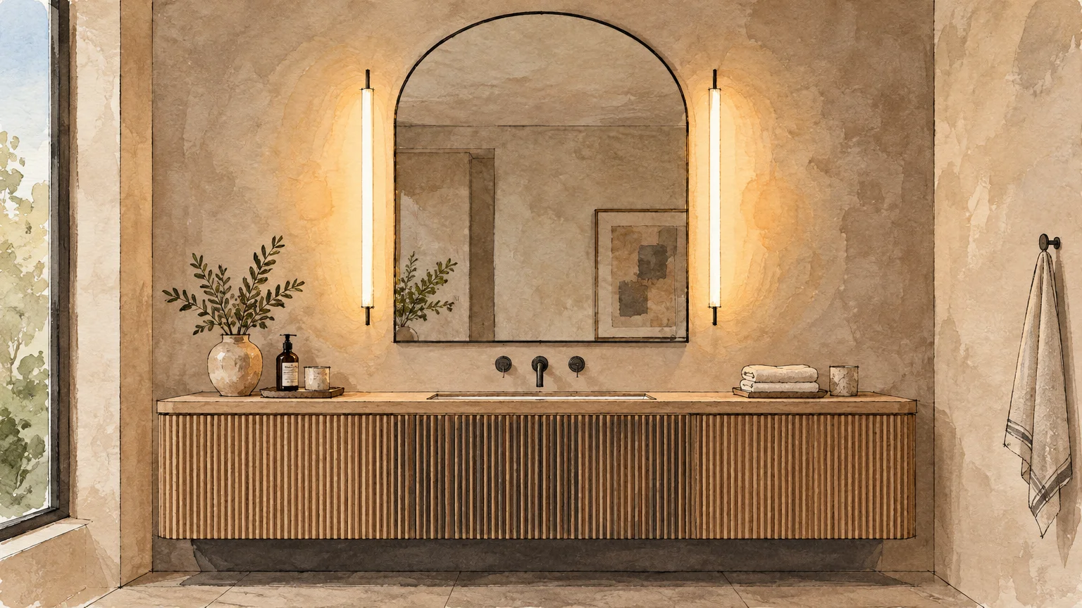 Watercolor illustration of an arched mirror flanked by two glowing vertical tube sconces over a fluted wood vanity.