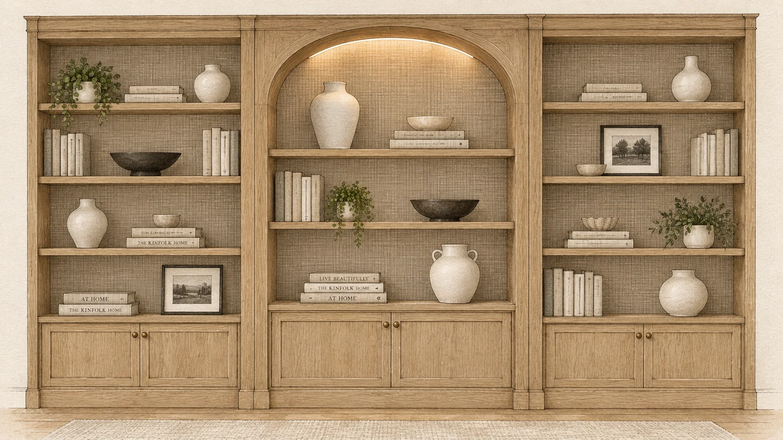 Gouache and ink illustration of light wood built-in bookshelves with an arched center niche lined in textured backdrop.