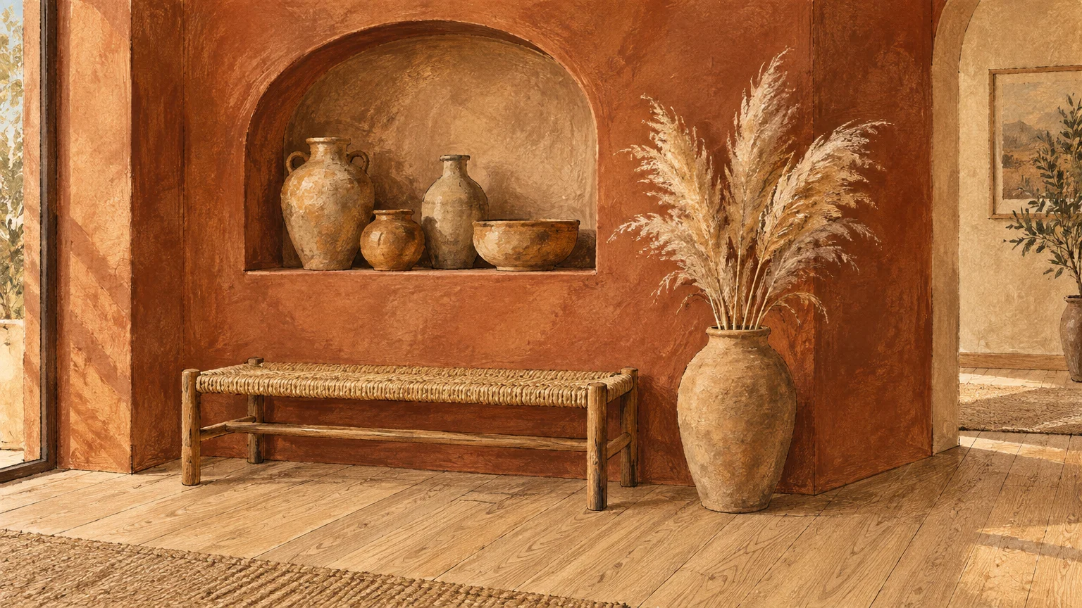 Illustration of a warm terracotta room with light wood floors, an arched wall niche with clay pots, and a woven bench.