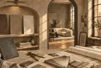 Interior design studio with paint swatches, blueprints, and textured sample boards overlooking a sunlit living room.