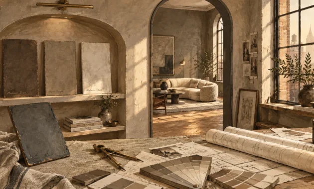 Interior design studio with paint swatches, blueprints, and textured sample boards overlooking a sunlit living room.