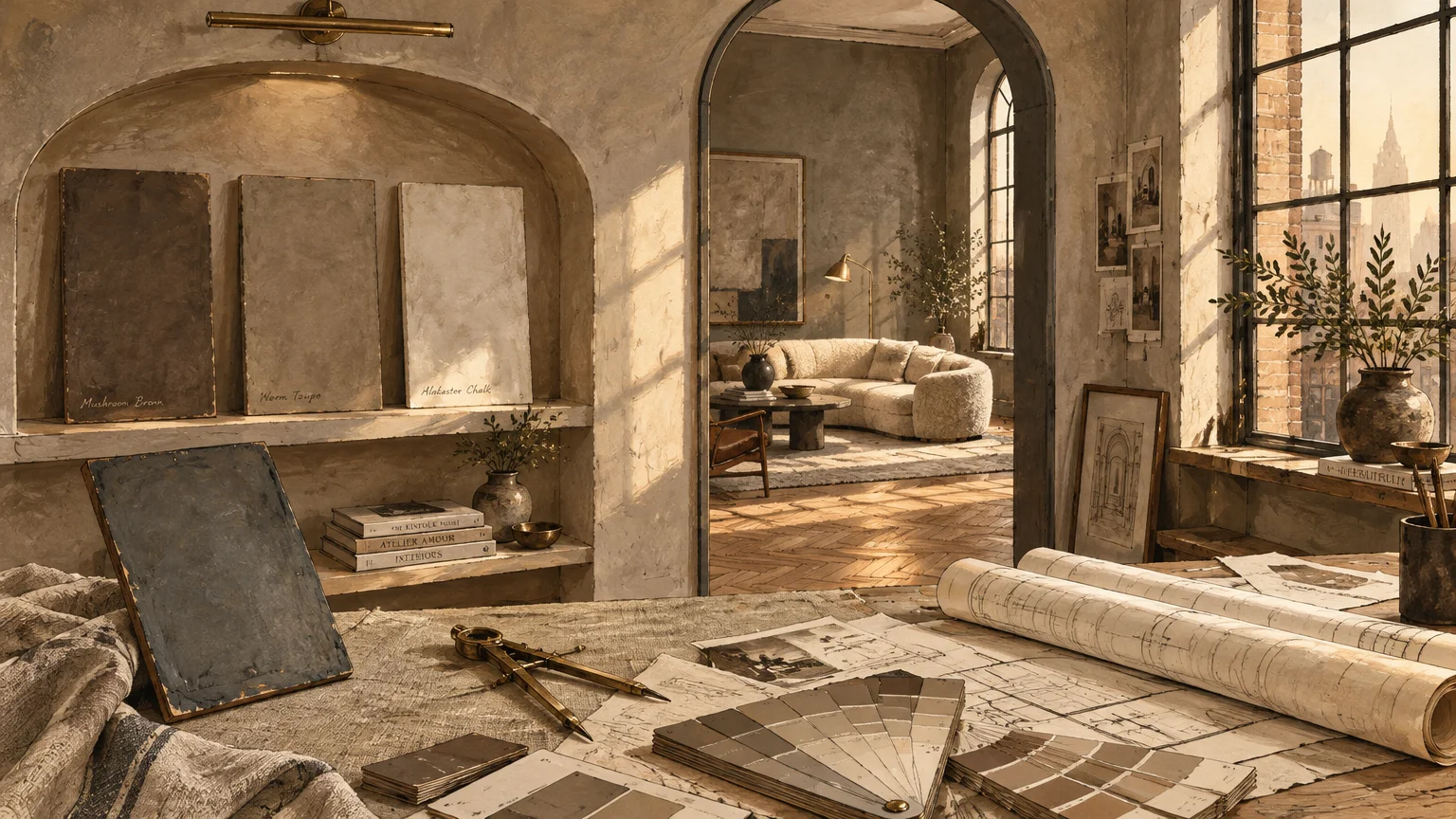 Interior design studio with paint swatches, blueprints, and textured sample boards overlooking a sunlit living room.