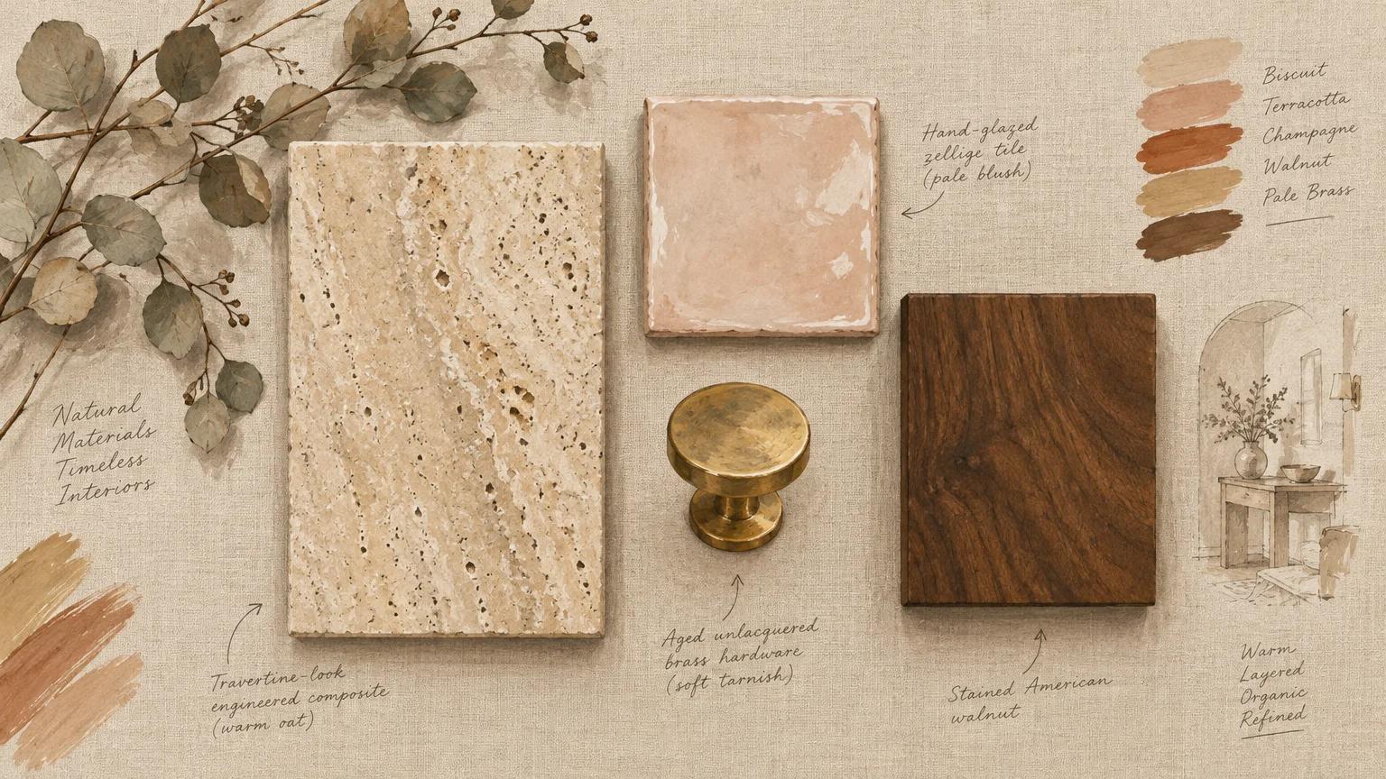 Mood board flat lay featuring travertine composite, zellige tile, brass knob, wood swatch, color palette, and foliage.