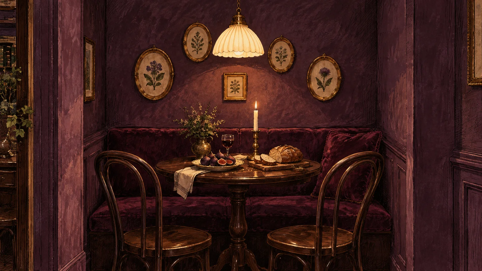 Gouache illustration of a cozy dining nook with deep purple walls, velvet banquette, wooden table, and lit candle.