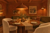 Warm dining room with a round wooden table, green curved banquette, bouclé chairs, and terracotta plaster walls.