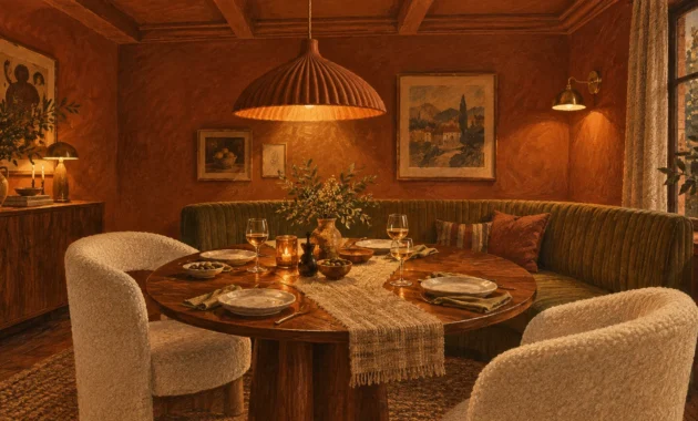Warm dining room with a round wooden table, green curved banquette, bouclé chairs, and terracotta plaster walls.